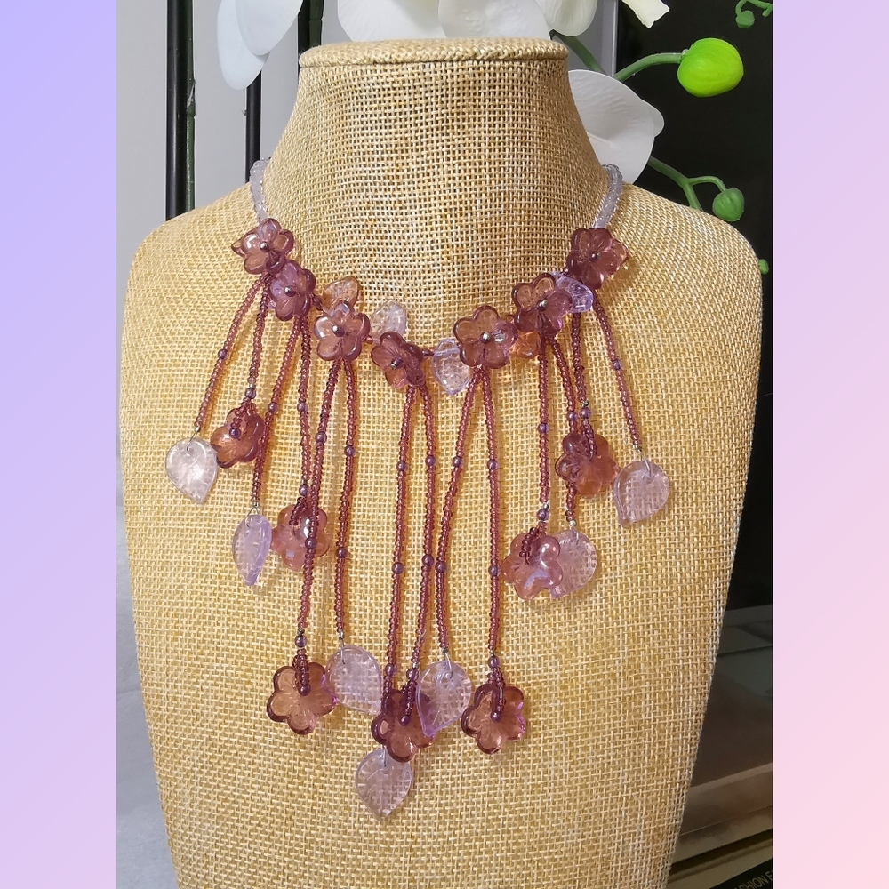 NWT purple lavender flower fringe choker necklace Czech bead - Picture 2 of 9